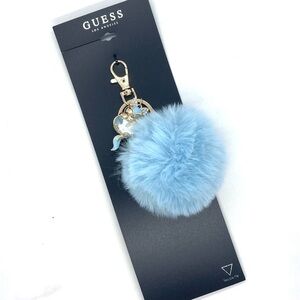 Guess Blue Faux Fur Pom Pom Keychain NWT Gold Cat Charm Bag Charm